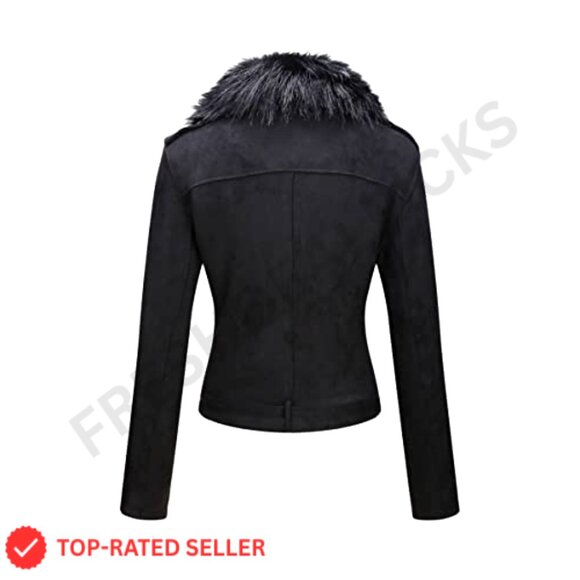 Faux Leather Moto Jacket Sherpa Lined Removable Belt Women's Coat - Picture 2 of 7